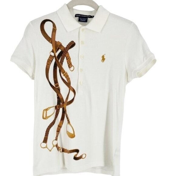 Ralph Lauren Vintage Equestrian Tack Print Horse Logo Polo Shirt Women's Small - Picture 1 of 8